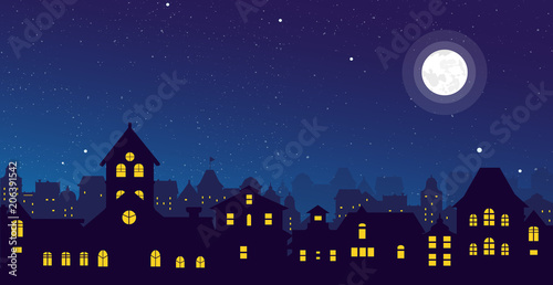 Fototapeta Ilustracja wektorowa noc panoramę miasta z pełni księżyca nad dachami domów miejskich w stylu płaski.