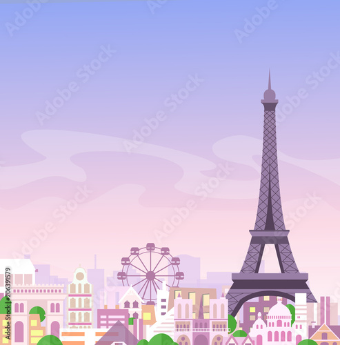 Vector illustration of romantic Paris view, France city skyline background in pastel colors, beautiful city in flat style.
