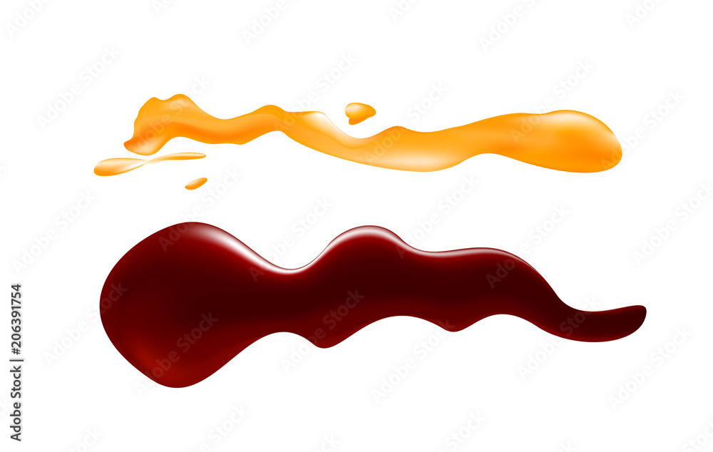Vector illustration of soy sauce and honey on white background, top view, realistic sauce spots. Vector illustration of soy sauce and honey on white background, top view, realistic sauce spots.