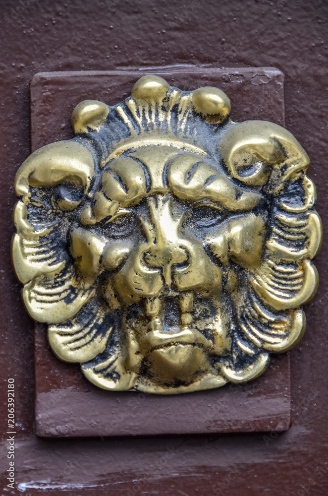 Lion head figure on door