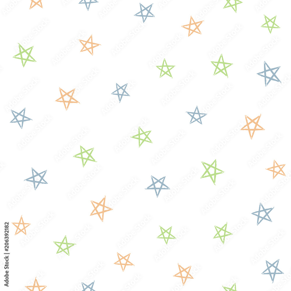 Scattered stars drawn by hand with rough brush. Colored seamless pattern for children. Sketch, grunge, watercolour. Scattered stars drawn by hand with rough brush. Colored seamless pattern for children. Sketch, grunge, watercolour.