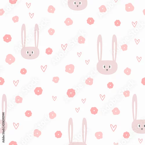 Tapety Powtarzające się kwiaty, serca i głowy śmiesznych królików. Ładny wzór dla dziewczyn. Niekończący się dziewczęcy druk.