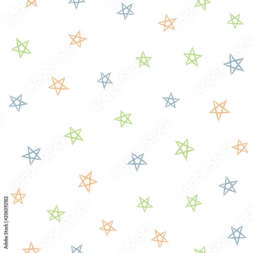 Tapety Rozrzucone gwiazdy rysowane ręcznie szorstkim pędzlem. Kolorowy wzór dla dzieci. Szkic, grunge, akwarela.