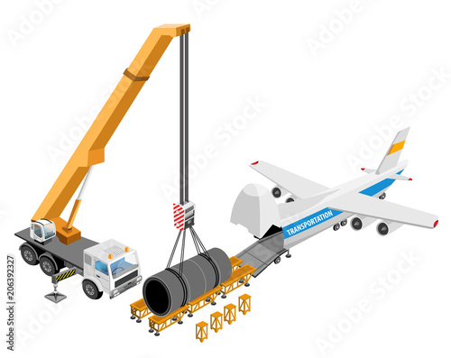 loading of bulky cargo in the aircraft on white background, Logistics isometric icons