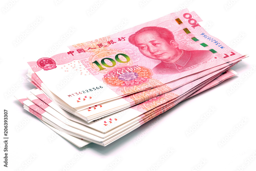 yuan notes from China's currency. Chinese banknotes white background. - obrazy, fototapety, plakaty 