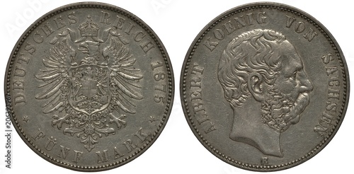 Germany German Saxony silver coin 5 five mark 1875, eagle of old type with shield on breast, crown above, king Albert head right, 