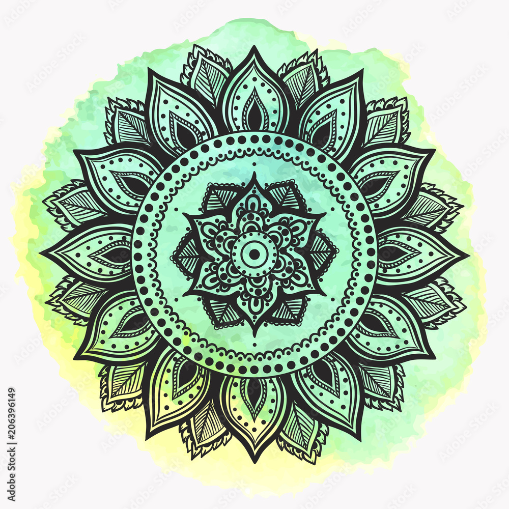 Vector Beautiful Handdrawn Mandala, Patterned Design Element on watercolor background