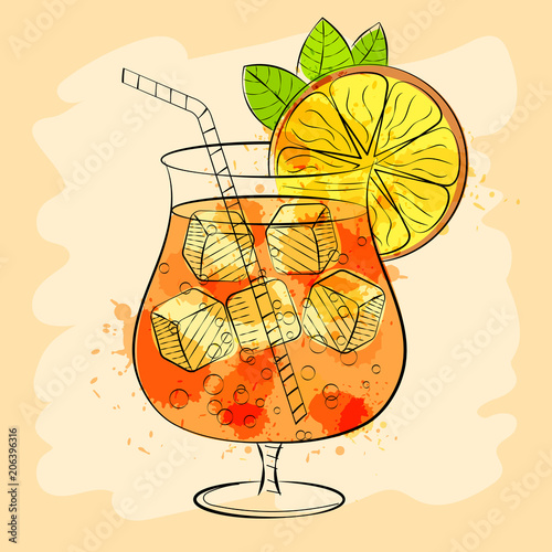 Watercolor vector illustration. Alcoholic cocktail or lemonade with ice, mint and lemon.