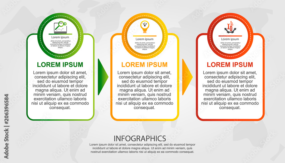 Naklejka premium Modern vector illustration 3D. Template of circles and rectangles of infographics with three elements and arrows. Designed for business, presentations, web design, diagrams with 3 steps. Step by step