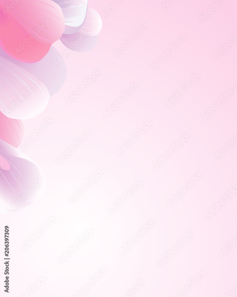 Petals Roses Flowers. Pink Purple Sakura petals frame isolated on Pink gradient background. Vector