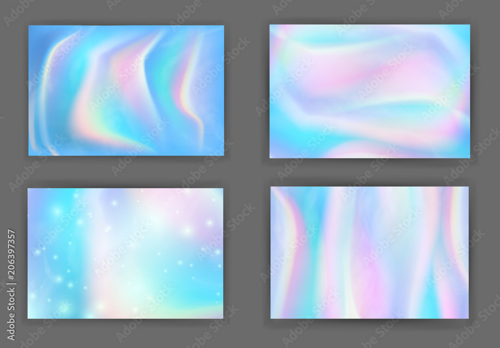 Abstract Colorful iridescent backgrounds set rectangular composition. Trendy cosmic gradient for design, cover, placard, poster, signboard, banner. Holographic Abstract soft pastel colors backdrop