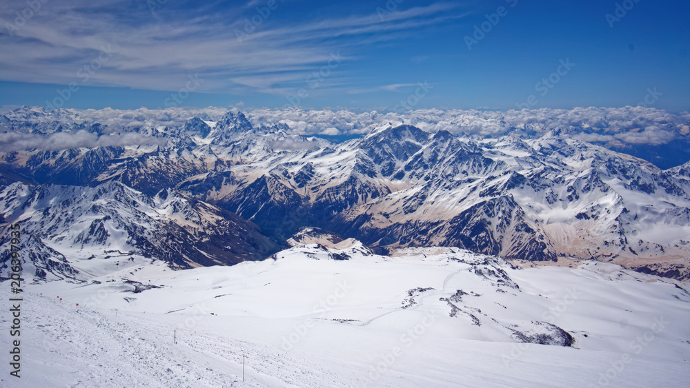 Panorama of the Caucasus mountains from Elbrus.