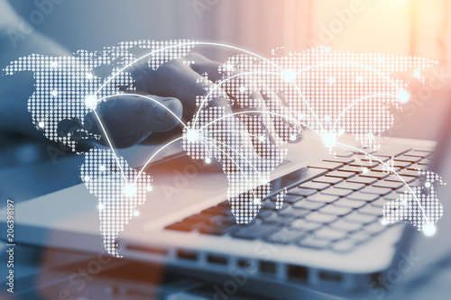 e-commerce business and international corporate trading concept. Communication network on world map. Worldwide connections.