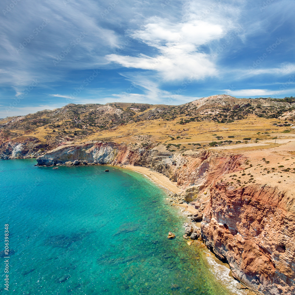 Firiplaka beach, Milos Island, Cyclades, Greece. Aerial view