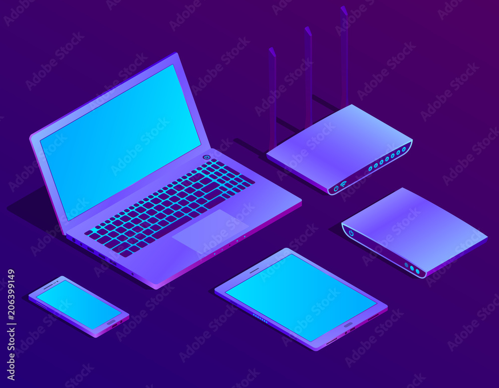 Vector 3d isometric violet laptop, router with wi-fi. Ultraviolet computer, smartphone for networking, cloud storage. Wireless technology, electronic mobile device. Vector 3d isometric violet laptop, router with wi-fi. Ultraviolet computer, smartphone for networking, cloud storage. Wireless technology, electronic mobile device.