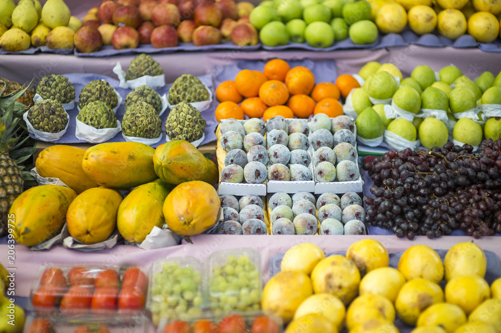 Tropical fruits neatly arranged on a stall  at the weekly farmer's market in General Osorio Plaza in Ipanema.