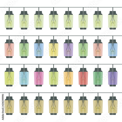 Fotografie Lines stripes garlands adornment of the park of incandescent edison vintage retro rectangular lanterns of one-color and multi-colored glass set Vector illustration of isolated on white background