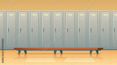 Vector cartoon row of individual lockers or changing room for football, basketball team or workers. Dressing of sports, work uniform, training equipment or athletic costume. School gym, background