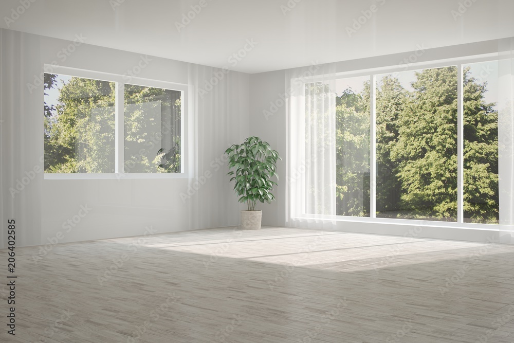 White empty room with summer landscape in window. Scandinavian interior design. 3D illustration White empty room with summer landscape in window. Scandinavian interior design. 3D illustration