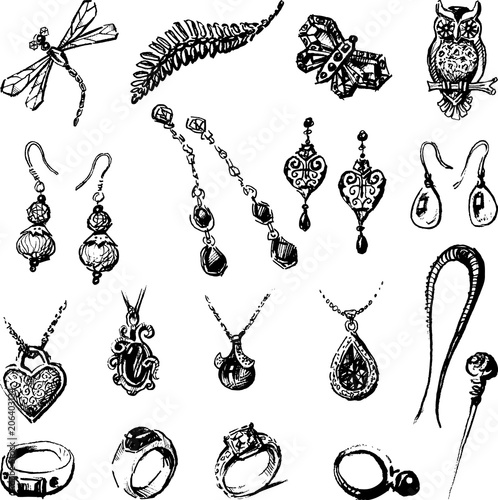 Sketches of the various female jewelry