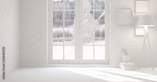 White empty room with winter landscape in window. Scandinavian interior design. 3D illustration