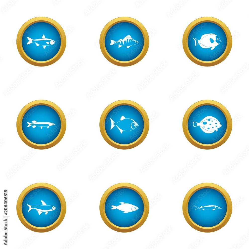 Fish business icons set. Flat set of 9 fish business vector icons for web isolated on white background Fish business icons set. Flat set of 9 fish business vector icons for web isolated on white background