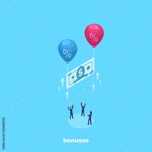 Balls with a percent sign raise a denomination bill and men in business suits attempting to spoof it, an isometric image