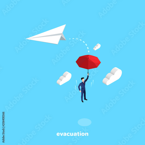 a man in a business suit jumped off a falling paper airplane and flies with an umbrella, an isometric image
