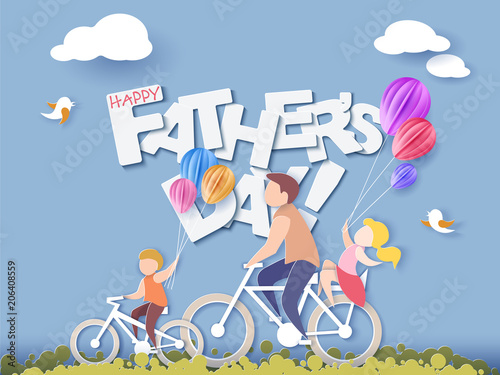 Handsome man and his children bicycling with air balloons. Happy fathers day card. Paper cut style. Vector illustration