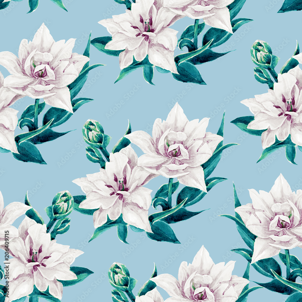  Seamless pattern of tulips. Tulips in Botanical watercolor illustration.