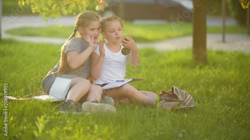 Wallpaper Mural Girls Are Looking in the Small Mirror. They Want to Look Like Beautiful. Books and Notes Are Near Them. Torontodigital.ca