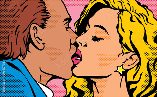 Pop art kiss. Kissing Couple. Man and Woman. Valentines day love.