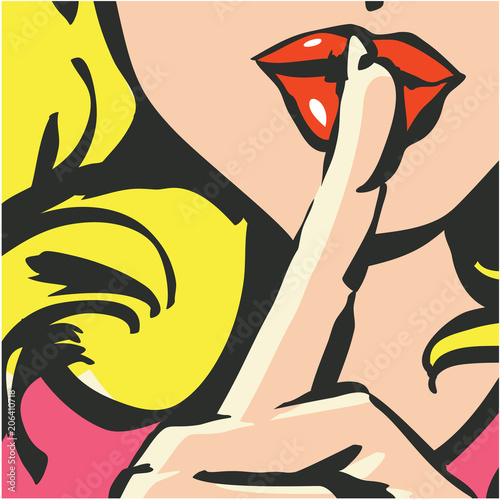 Close-up of female lips with index finger gesturing silence. Shh woman pop art poster. Shhh woman. Shh icon. Keep silence.