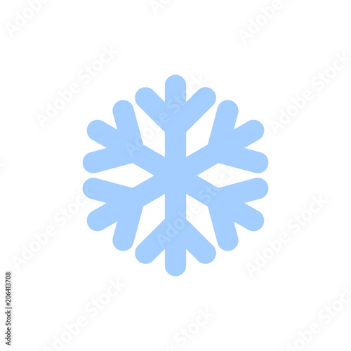 Snowflake icon. Blue silhouette snow flake sign, isolated on white background. Flat design. Symbol of winter, frozen, Christmas, New Year holiday. Graphic element decoration. Vector illustration