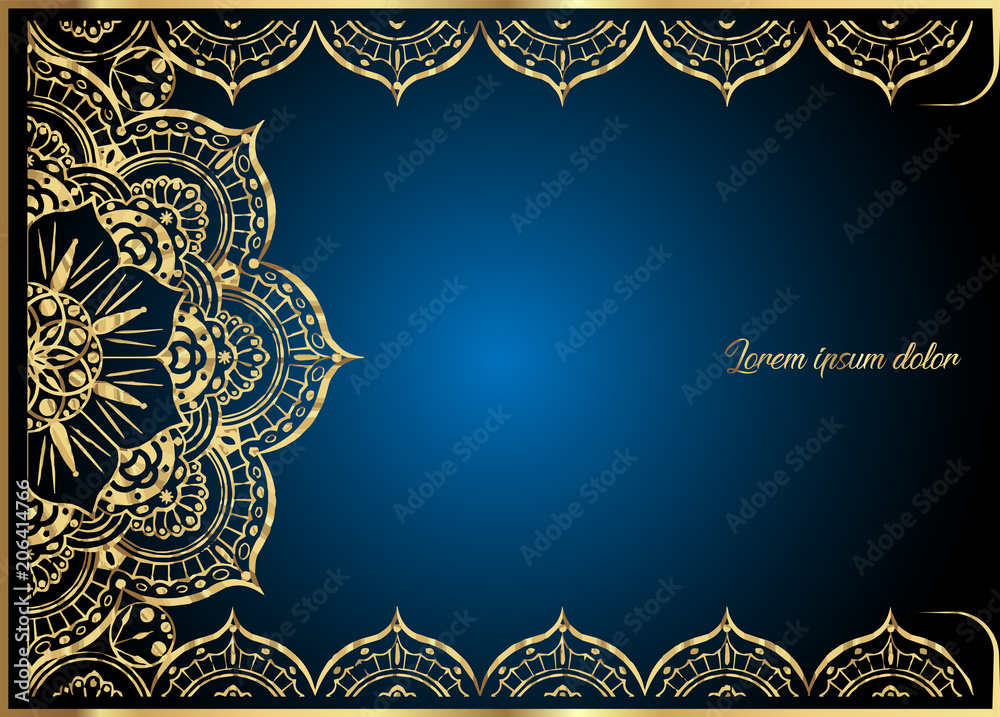Gold vintage greeting card on blue background. Luxury ornament template.  Great for invitation, flyer, menu, brochure, postcard, background,  wallpaper, decoration, any desired idea. Golden Orient style Stock Vector |  Adobe Stock