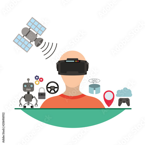 user with reality virtual mask and set icons technology vector illustration design