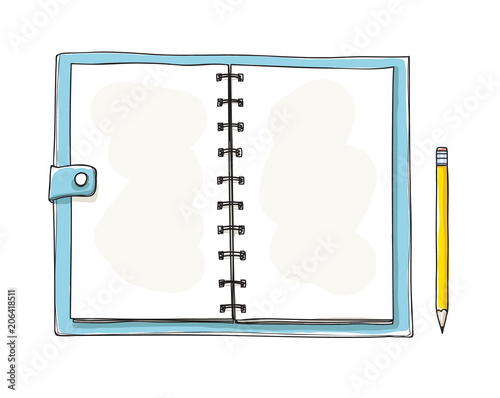 opened notebook hand drawn. Blank notepad on white background. Applicable for sketches and signs presentation. illustration