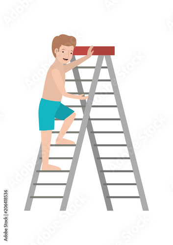 man climbing stepladder with swimsuit character vector illustration design