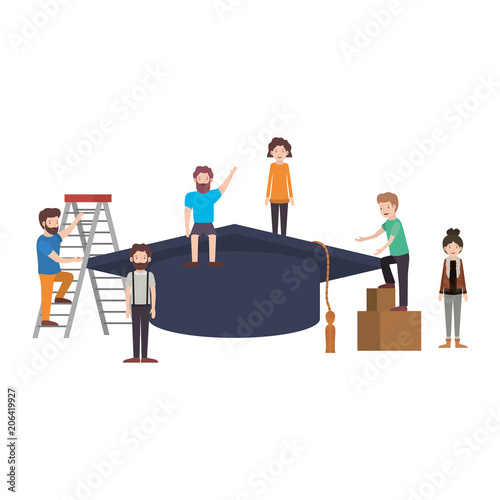 minipeople team working in graduation hat vector illustration design