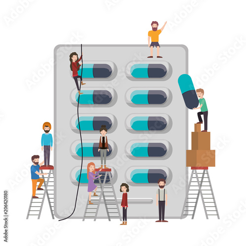 minipeople team working in capsules drugs vector illustration design