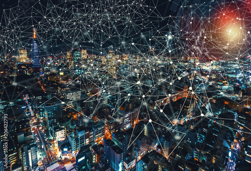 Photography Digital Tech Circle with aerial view of Tokyo, Japan at night