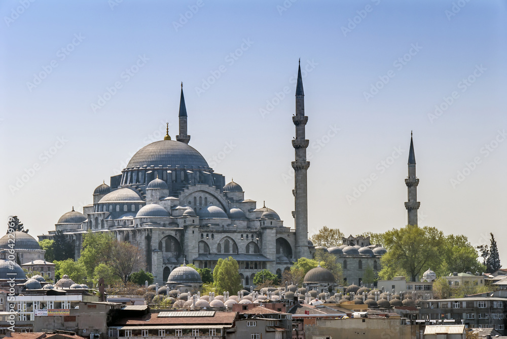 Istanbul, Turkey, 25 April 2006: Suleymaniye Mosque is an Ottoman mosque in the Eminonu district of Istanbul.