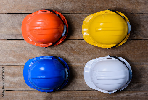 Yellow, Orange, White and Blue protective safety helmet