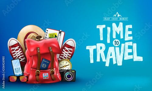 3D Realistic Time to Travel Banner with Items for Travelling like Backpack, Backpack, Sneakers, Compass, Mobile Phone, Sunglasses, Hat, Camera and Notebook in Blue Background. Vector Illustration
