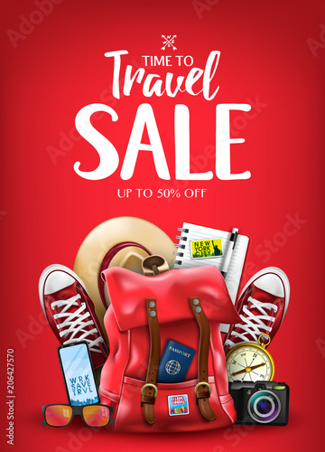 Top View Travel Banner Template with Space for Text Including Realistic 3D Items for Travelling Like Backpack, Sneakers, Mobile Phone, Passport and Sunglasses in Light Blue Background. 
