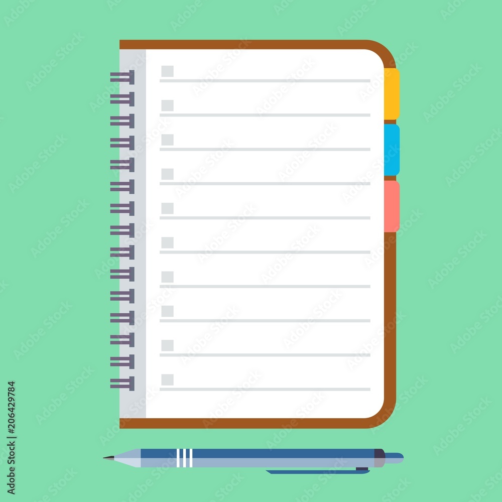 Notebook and pen. Stock flat vector illustration. Notebook and pen. Stock flat vector illustration.