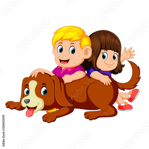 Two kids with their pet dog