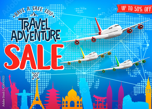Creative Travel Adventure Sale Promotional Banner with Colorful World Famous Landmarks Silhouette and Airplanes for Advertisement Purposes. Vector Illustration
