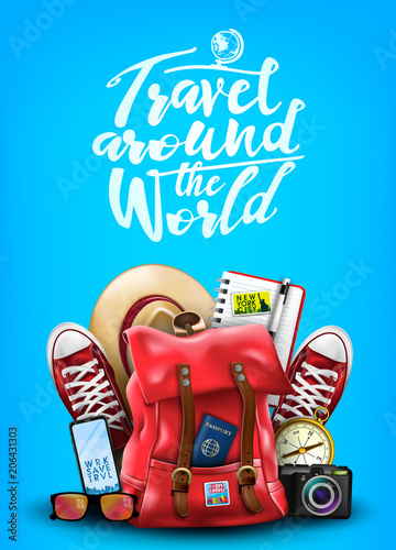 Travel Around the World Poster in Blue Background with 3D Realistic Items Such as Backpack, Sneakers, Hat, Notepad, Compass, Mobile Phone, Sunglasses and Camera. Vector Illustration

