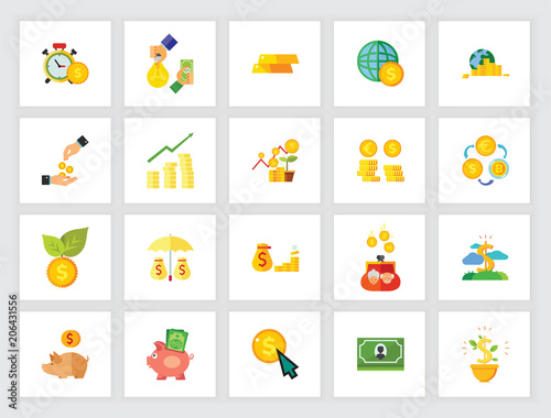 Banking concept. Flat icon set. Investment, credit, savings. Can be used for topics like business, finance, commerce